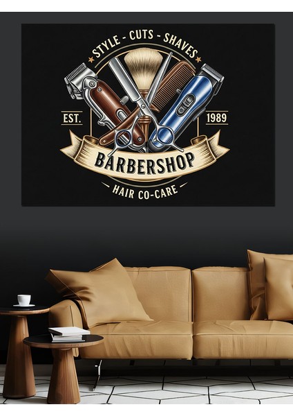 Vintage Logolu Berber Dükkanı Afişi Dekoratif Kanvas - Mdf Ahşap Tablo