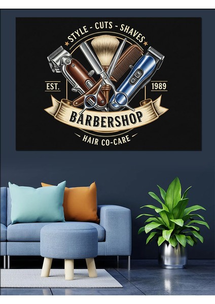 Vintage Logolu Berber Dükkanı Afişi Dekoratif Kanvas - Mdf Ahşap Tablo fiyatları