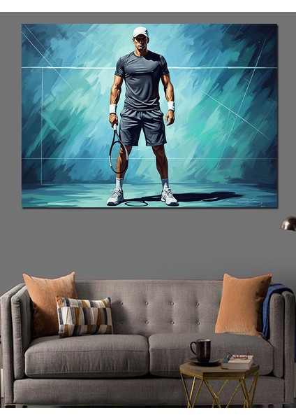 Mavi Işıklı Fonda Erkek Tenisçi Figürü Dekoratif Kanvas - Mdf Ahşap Tablo