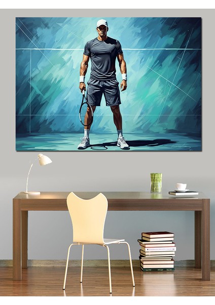 Mavi Işıklı Fonda Erkek Tenisçi Figürü Dekoratif Kanvas - Mdf Ahşap Tablo fiyatları
