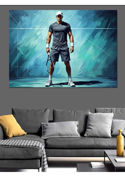 Mavi Işıklı Fonda Erkek Tenisçi Figürü Dekoratif Kanvas - Mdf Ahşap Tablo modelleri