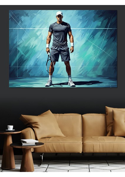 Mavi Işıklı Fonda Erkek Tenisçi Figürü Dekoratif Kanvas - Mdf Ahşap Tablo fırsatları
