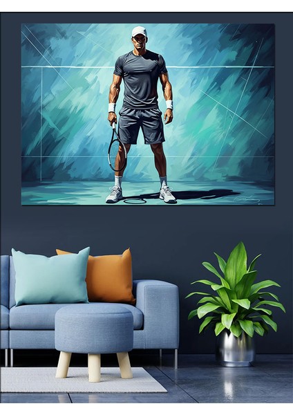 Mavi Işıklı Fonda Erkek Tenisçi Figürü Dekoratif Kanvas - Mdf Ahşap Tablo indirimleri