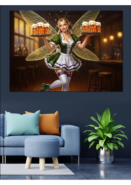 Alman Kostümlü Garson Peri Kızı Bira Sunumu Dekoratif Kanvas - Mdf Ahşap Tablo