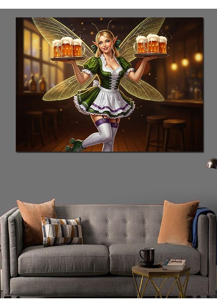 Alman Kostümlü Garson Peri Kızı Bira Sunumu Dekoratif Kanvas - Mdf Ahşap Tablo fiyatları