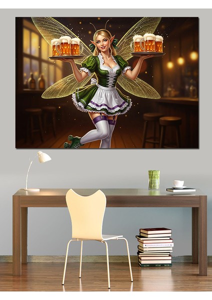 Alman Kostümlü Garson Peri Kızı Bira Sunumu Dekoratif Kanvas - Mdf Ahşap Tablo modelleri