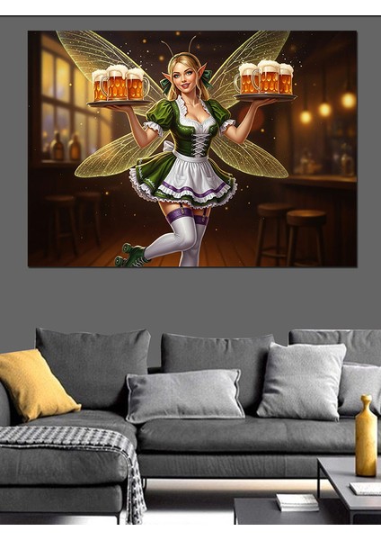 Alman Kostümlü Garson Peri Kızı Bira Sunumu Dekoratif Kanvas - Mdf Ahşap Tablo fırsatları