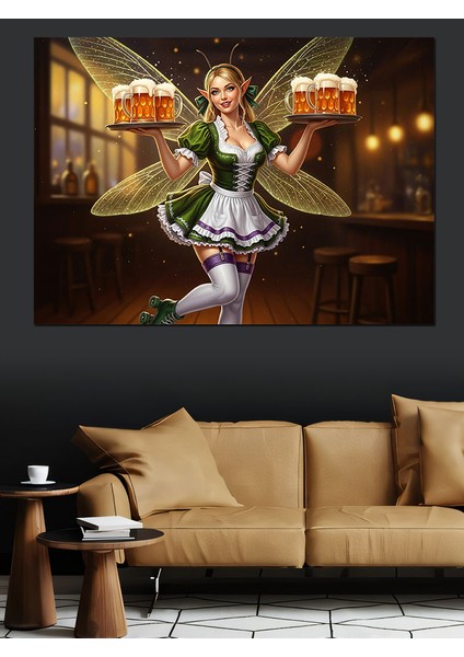 Alman Kostümlü Garson Peri Kızı Bira Sunumu Dekoratif Kanvas - Mdf Ahşap Tablo indirimleri
