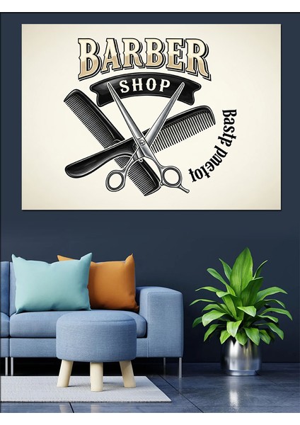 Berber Tarağı ve Makaslı Vintage Amblemli Afiş Dekoratif Kanvas - Mdf Ahşap Tablo