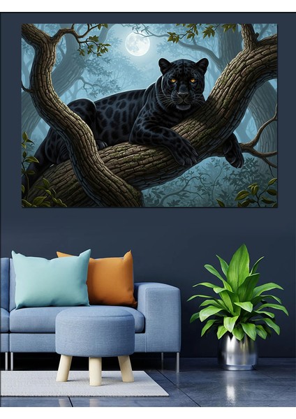 Gece Dolunayda Ağaçtaki Leoapar Desenli Panter Illütrasyonu Dekoratif Kanvas - Mdf Ahşap Tablo