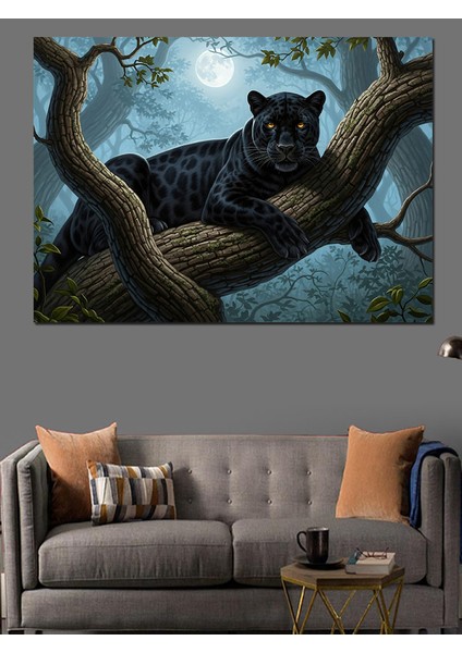 Gece Dolunayda Ağaçtaki Leoapar Desenli Panter Illütrasyonu Dekoratif Kanvas - Mdf Ahşap Tablo fiyatları