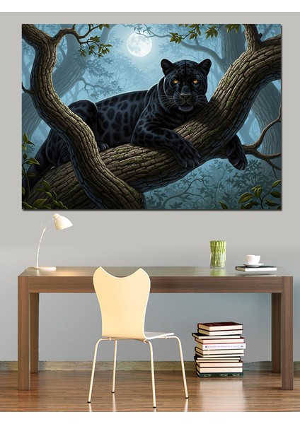 Gece Dolunayda Ağaçtaki Leoapar Desenli Panter Illütrasyonu Dekoratif Kanvas - Mdf Ahşap Tablo modelleri