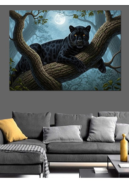 Gece Dolunayda Ağaçtaki Leoapar Desenli Panter Illütrasyonu Dekoratif Kanvas - Mdf Ahşap Tablo fırsatları