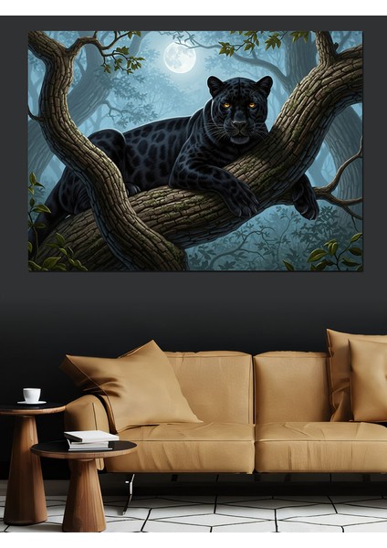 Gece Dolunayda Ağaçtaki Leoapar Desenli Panter Illütrasyonu Dekoratif Kanvas - Mdf Ahşap Tablo indirimleri