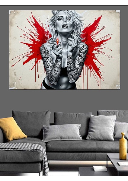 Beyaz Zemine Kırmızı Boya Sıçramalı Sarışın Punk Kadın Dekoratif Kanvas - Mdf Ahşap Tablo