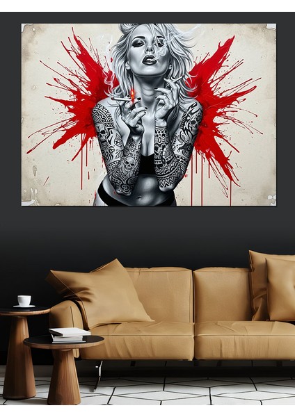 Beyaz Zemine Kırmızı Boya Sıçramalı Sarışın Punk Kadın Dekoratif Kanvas - Mdf Ahşap Tablo fiyatları