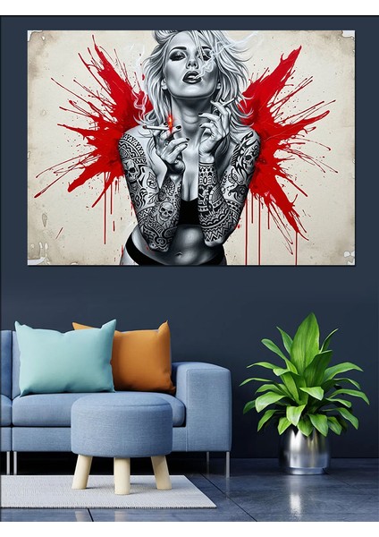 Beyaz Zemine Kırmızı Boya Sıçramalı Sarışın Punk Kadın Dekoratif Kanvas - Mdf Ahşap Tablo modelleri