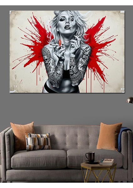 Beyaz Zemine Kırmızı Boya Sıçramalı Sarışın Punk Kadın Dekoratif Kanvas - Mdf Ahşap Tablo fırsatları