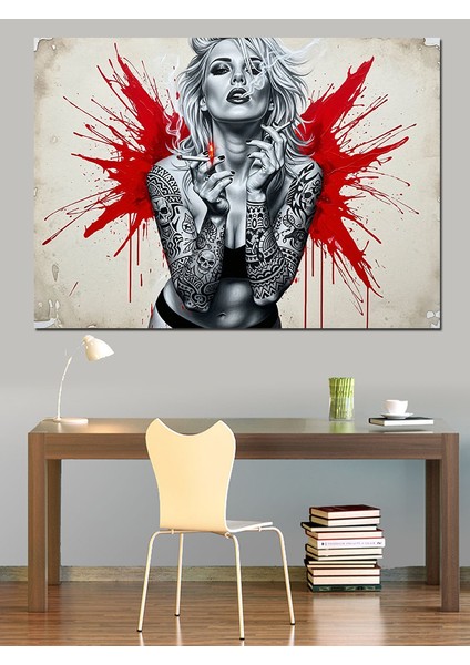 Beyaz Zemine Kırmızı Boya Sıçramalı Sarışın Punk Kadın Dekoratif Kanvas - Mdf Ahşap Tablo indirimleri