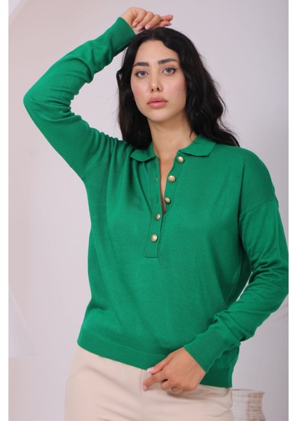 Polo Yaka Düğmeli Triko Kazak