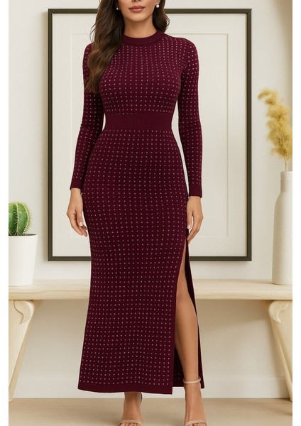 Cottonlab Kadın Uzun Kollu Bisiklet Yaka Taşlı Midi Kadife Elbise