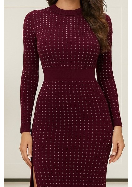 Cottonlab Kadın Uzun Kollu Bisiklet Yaka Taşlı Midi Kadife Elbise fiyatları