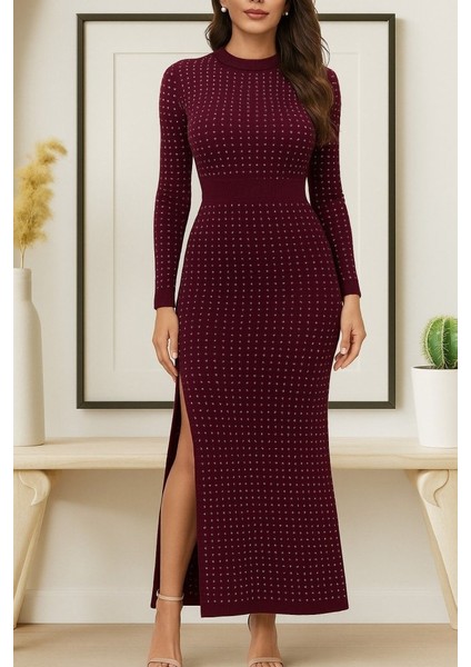 Cottonlab Kadın Uzun Kollu Bisiklet Yaka Taşlı Midi Kadife Elbise modelleri