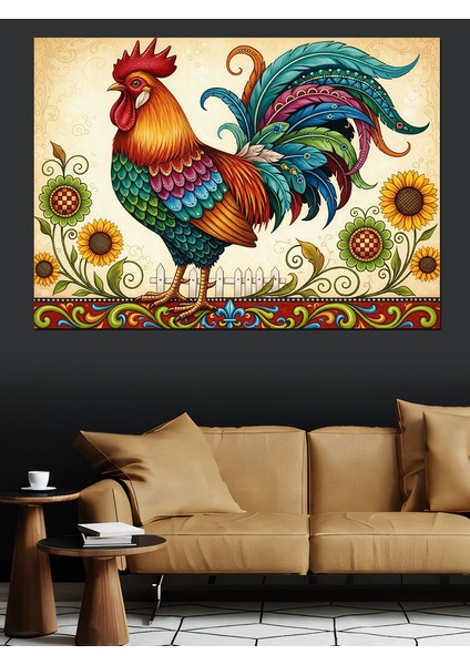 Ayçiçeği Tarlasında Horoz Illüstrasyonu Dekoratif Kanvas - Mdf Ahşap Tablo