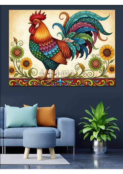 Ayçiçeği Tarlasında Horoz Illüstrasyonu Dekoratif Kanvas - Mdf Ahşap Tablo fiyatları