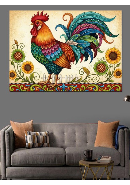 Ayçiçeği Tarlasında Horoz Illüstrasyonu Dekoratif Kanvas - Mdf Ahşap Tablo modelleri