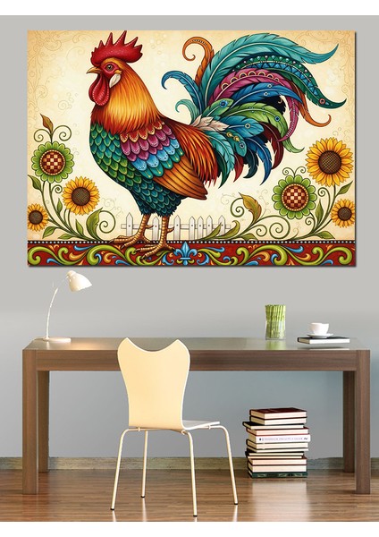 Ayçiçeği Tarlasında Horoz Illüstrasyonu Dekoratif Kanvas - Mdf Ahşap Tablo fırsatları