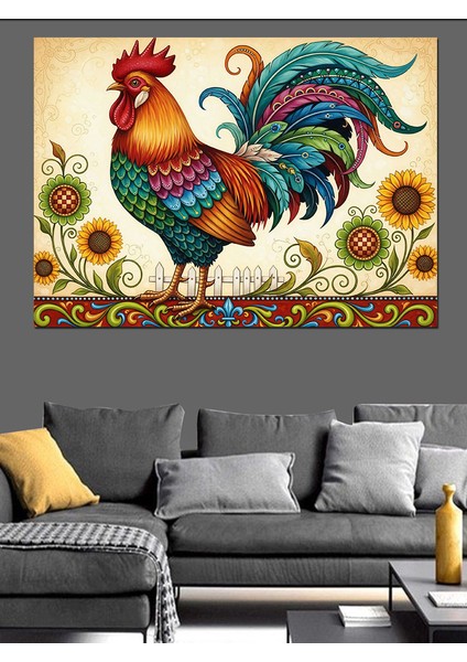 Ayçiçeği Tarlasında Horoz Illüstrasyonu Dekoratif Kanvas - Mdf Ahşap Tablo indirimleri