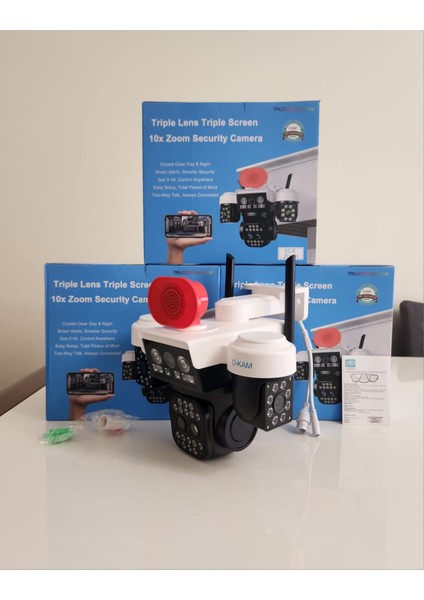 O-Kam Okam 5012 Polis Çakarlı 9mp (3+3+3) Üç Kameralı Wıfı Ptz Gece Görüşlü Güvenlik Kamerası fiyatları