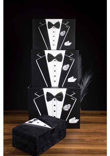 Damat Bohçası 4'lü Set - 3 Kutu 1 Kadife Kaplı Ahşap Sandık - Çeyiz Nişan