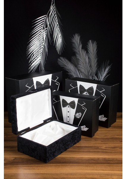 Damat Bohçası 4'lü Set - 3 Kutu 1 Kadife Kaplı Ahşap Sandık - Çeyiz Nişan fiyatları