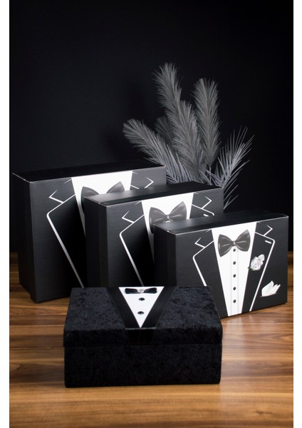 Damat Bohçası 4'lü Set - 3 Kutu 1 Kadife Kaplı Ahşap Sandık - Çeyiz Nişan modelleri