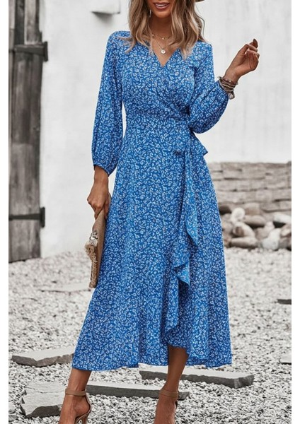 Cottonlab Kadın Uzun Kollu Kruvaze Yaka Yandan Bağlamalı Önden Fırfır Detaylı Süprem Uzun Elbise