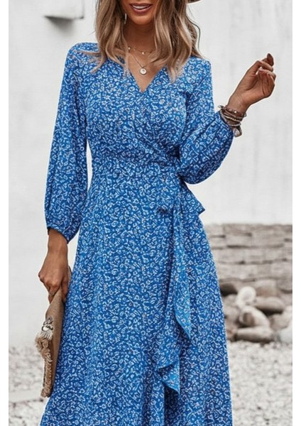 Cottonlab Kadın Uzun Kollu Kruvaze Yaka Yandan Bağlamalı Önden Fırfır Detaylı Süprem Uzun Elbise fiyatları