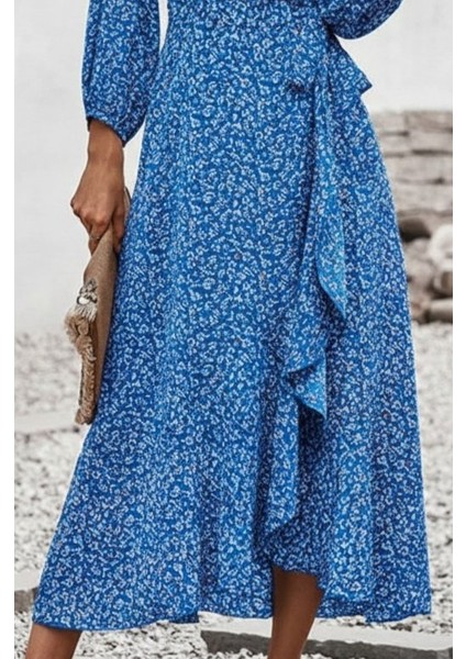 Cottonlab Kadın Uzun Kollu Kruvaze Yaka Yandan Bağlamalı Önden Fırfır Detaylı Süprem Uzun Elbise modelleri