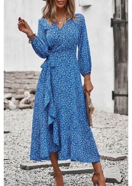 Cottonlab Kadın Uzun Kollu Kruvaze Yaka Yandan Bağlamalı Önden Fırfır Detaylı Süprem Uzun Elbise fırsatları