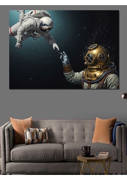 Dalgıç ve Astronotun El Teması Illüstrasyonu Dekoratif Kanvas - Mdf Ahşap Tablo