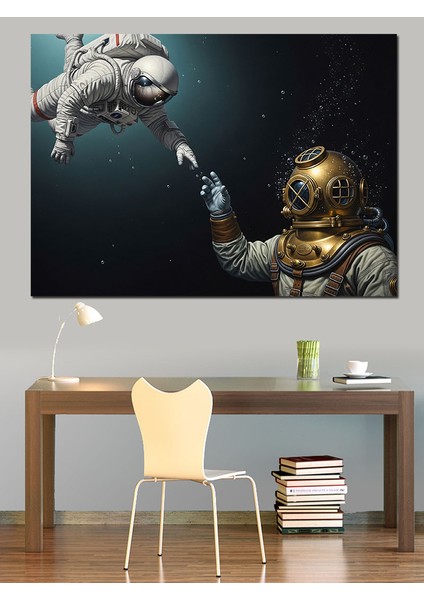 Dalgıç ve Astronotun El Teması Illüstrasyonu Dekoratif Kanvas - Mdf Ahşap Tablo fiyatları