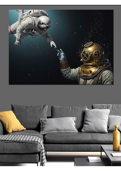 Dalgıç ve Astronotun El Teması Illüstrasyonu Dekoratif Kanvas - Mdf Ahşap Tablo modelleri