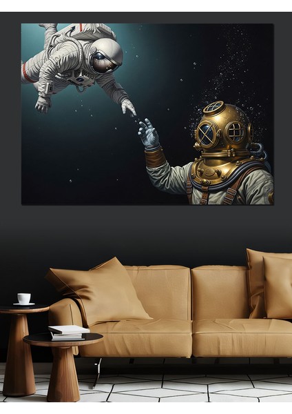 Dalgıç ve Astronotun El Teması Illüstrasyonu Dekoratif Kanvas - Mdf Ahşap Tablo fırsatları