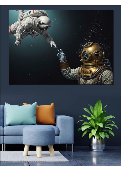 Dalgıç ve Astronotun El Teması Illüstrasyonu Dekoratif Kanvas - Mdf Ahşap Tablo indirimleri