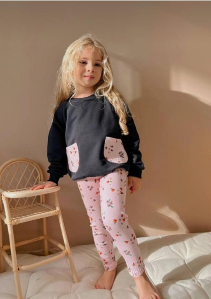 Kız Çocuk Çiçek Detaylı Pamuklu 2'li Taytlı Takım Alt - Üst Takım fiyatları
