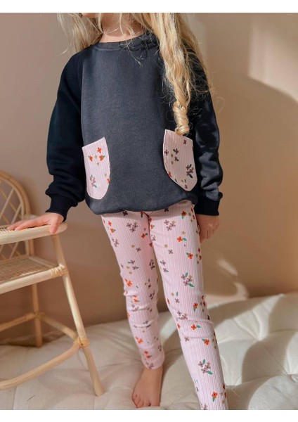 Kız Çocuk Çiçek Detaylı Pamuklu 2'li Taytlı Takım Alt - Üst Takım modelleri