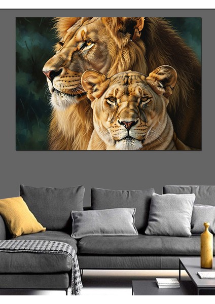 Güçlü Aslan Çifti Portresi Dekoratif Kanvas - Mdf Ahşap Tablo