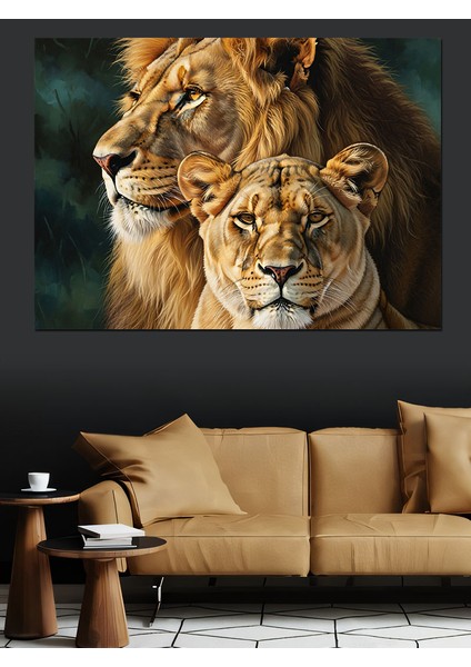 Güçlü Aslan Çifti Portresi Dekoratif Kanvas - Mdf Ahşap Tablo fiyatları
