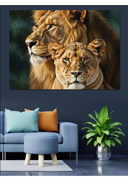 Güçlü Aslan Çifti Portresi Dekoratif Kanvas - Mdf Ahşap Tablo modelleri